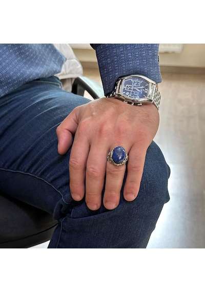 El Yapımı Lapis Lazuli Taş Yüzük, Yüzücü Halka Yüzük, 925k Sert Gümüş Erkek Yüzük - Bilgelik Ve Gerçek Tasarımı Gümüş