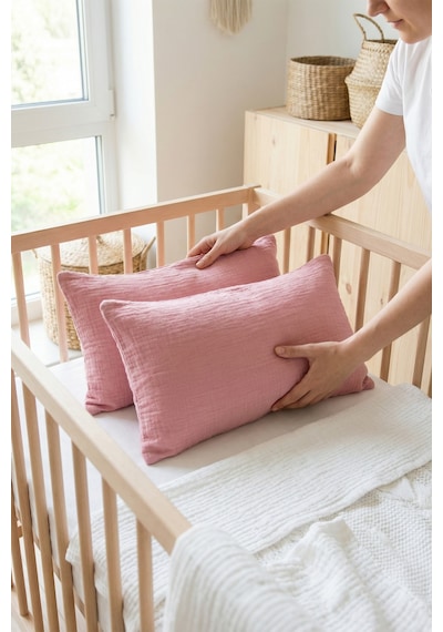 Çift Katlı Müslin Çocuk Yastık Kılıfı %100 Pamuk 35x45 cm 2’li Bebek Çocuk Kılıf Seti Gül Kurusu