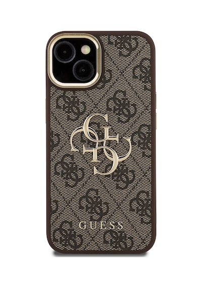Apple Uyumlu iPhone 15 Kılıf Guess Lisanslı Metal 4g Ve Yazı Logolu Kamera Standlı Kapak Kahverengi