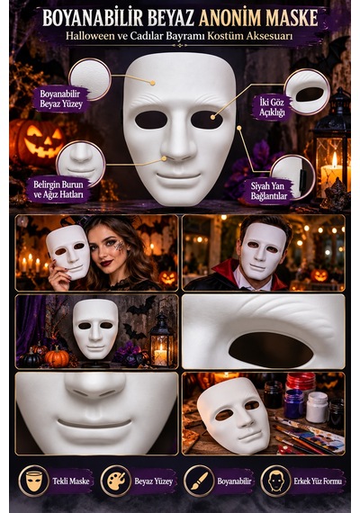 Halloween Boyanabilir Beyaz Anonim Erkek Yüz Maskesi Cadılar Bayramı Partileri Kostüm Aksesuarı