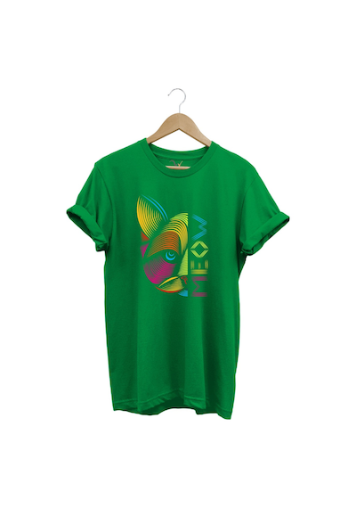 Meow Renkli Geometrik Kedi Baskılı %100 Pamuk Unisex Regular Fit T-shirt Yeşil