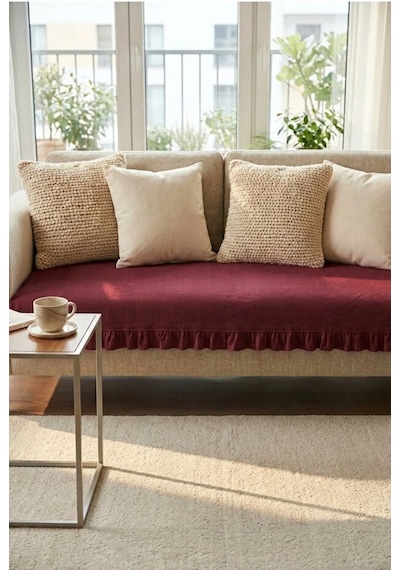Keten Pamuk Koltuk Örtüsü Fırfırlı Bordo 90x200 Cm Şık Ve Doğal Görünüm