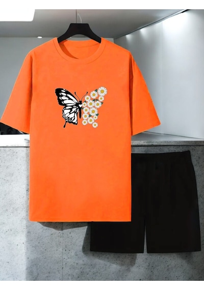 Uyguntarz Unisex Papatya Kelebek Tasarım Basklı Tshirt Şort Takımı Turuncu