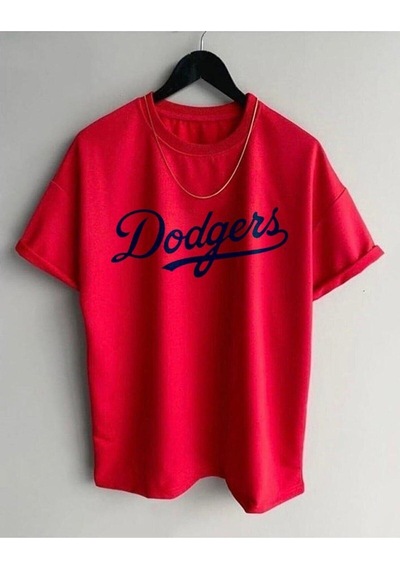 Flood Of Style Erkek Beyaz Dodger Baskılı Oversize Bisiklet Yaka Penye Tişört Kırmızı