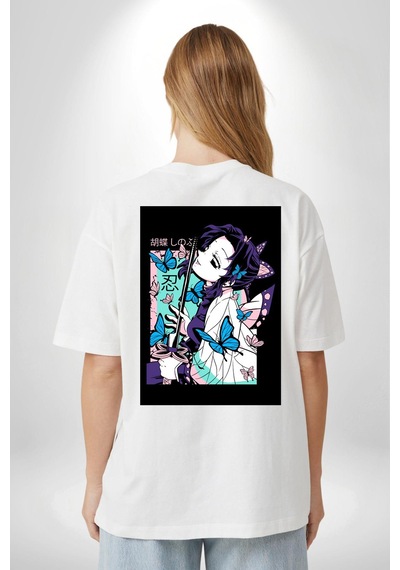 Shinobu Kocho Demon Slayer Beyaz Oversize Unisex Ön Ve Sırt Baskılı Tişört Beyaz