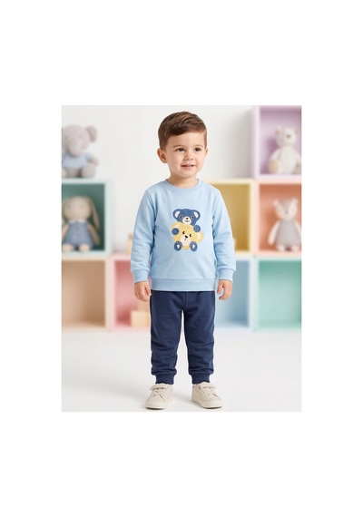 Deniva Kids Erkek Çocuk Açık Mavi - Lacivert Gözlüklü Ayıcık Nakışlı 2'li Eşofman Takımı