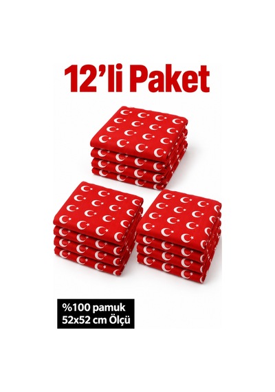 Herşeynota 12 Li Türk Bayrağı Desenli Kırmızı %100 Pamuk Fular Bandana 52x52 Cm Etkinlik Tören Gösteri Çok Renkli