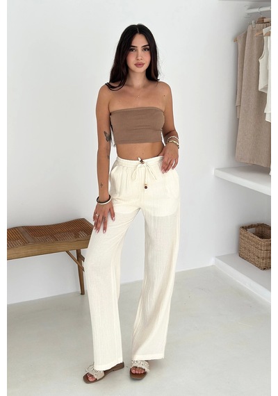 Asprin Fashion Beli Lastikli Geniş Paça Pantolon Ekru Ekru