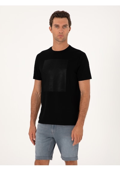 Siyah Regular Fit Baskılı Bisiklet Yaka T-shirt