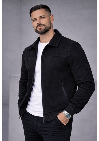 Baselco Basic Slim Fit Polo Yaka Süet Ceket Siyah