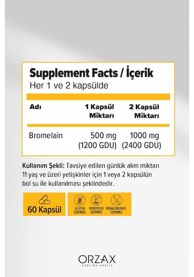 Ocean Bromelain 500 Mg 2400 Gdu /g Takviye Edici Gıda 60 Kapsül