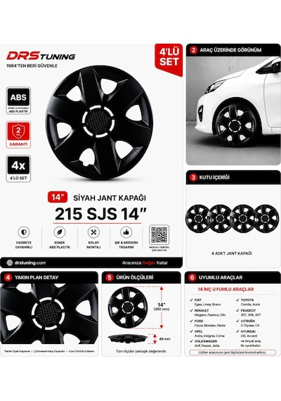 Alfa Romeo Uyumlu 14 Inç Kırılmaz Parlak Siyah Jant Kapağı 1 Takım 4 Adet No:215