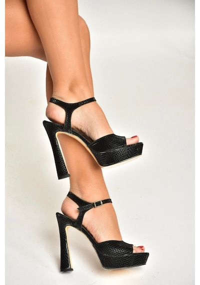 Fox Shoes U246082507 Siyah Yılan Baskı Platform Topuklu Kadın Ayakkabı Siyah