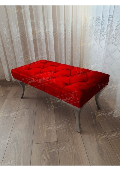 Kapitoneli Ayak Ucu Kapı Önü Antre Bench Puf Gümüş Ayak 120 45 Kırmızı