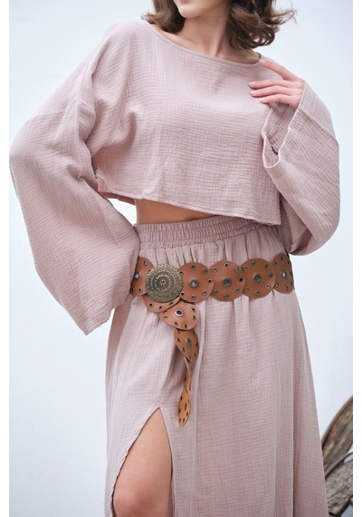 Unika Boutique Ham Keten Bohem Bluz Etek Takım Pembe