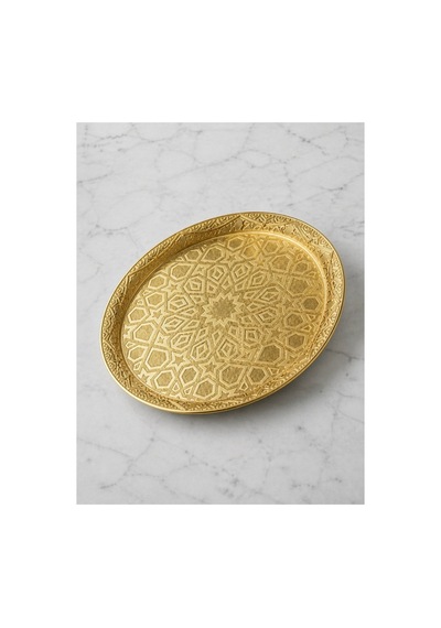 Selçuklu Motifi Zamak Metal Yuvarlak Lüks Servis-tepsisi - 35 Cm gold