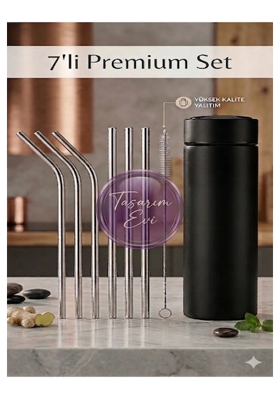 Premium 7 Parça Paslanmaz Çelik Metal Pipet Seti - 3 Düz, 3 Eğimli Pipet + Temizleme Fırçası Metalik Gri