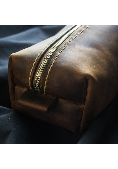 El Yapımı Hakiki Deri Dopp Kit Crazy Deri, Fermuarlı Seyahat Çantası