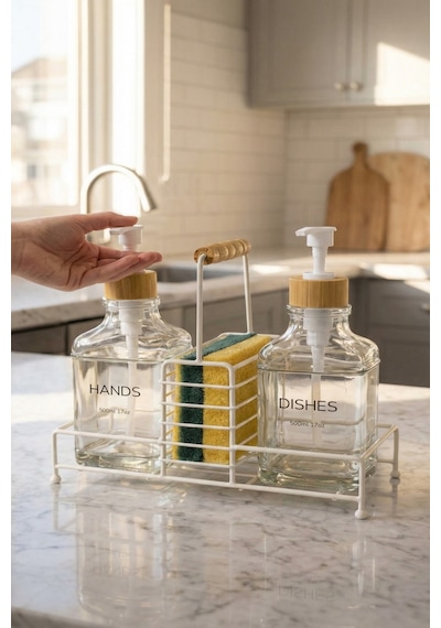 Makri Home Lüks Stantlı Bambu Kapaklı İkili Cam Sıvı Sabunluk & Deterjanlık Seti 2 500 Ml, 22,5 8,5 24 Cm Şeffaf