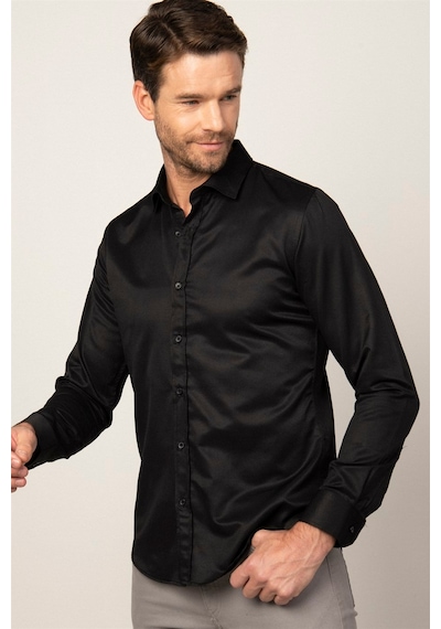 Tudors Slim Fit Uzun Kollu Armürlü Erkek Siyah Gömlek-25756 Siyah