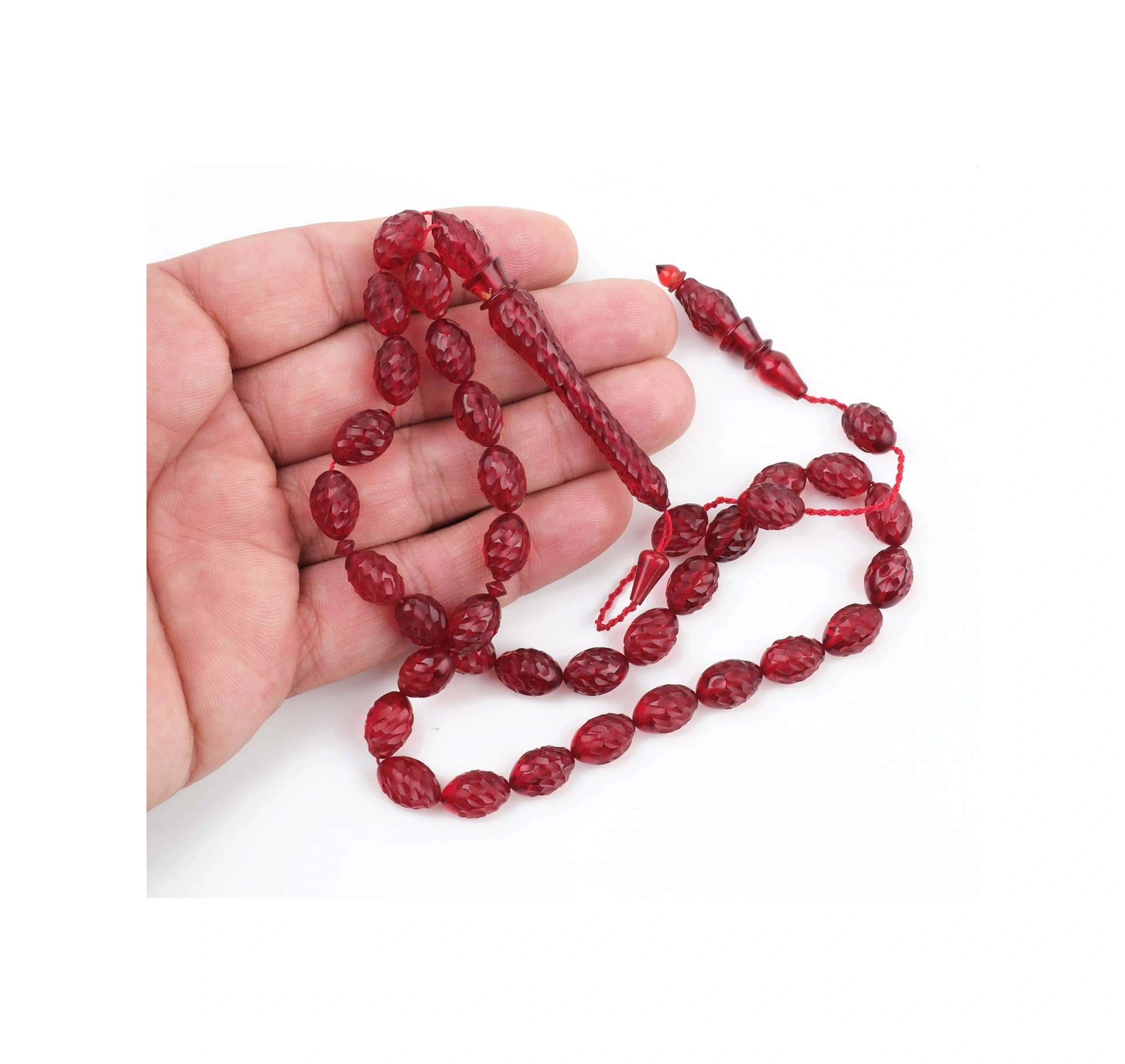 Ateş Kehribar Kalem İşçilikli El İşlemli Beyzi Kesim 9x11mm Tesbih Açık Kırmızı