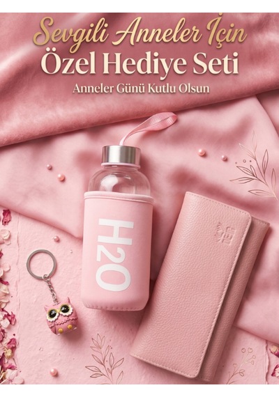 Deerderi Hakiki Deri Cüzdan Anahtarlık Ve Kare Kılıflı Matara Seti Pembe