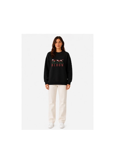Herkesemoda Bloom Baskı Detaylı Şardonlu 2 İplik Bisiklet Yaka Sweatshirt Siyah