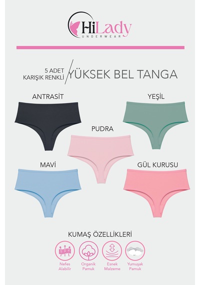 Hilady Kadın Tanga, Yüksek Bel Tanga 5'li Paket String, Tanga Külot Pamuklu Kumaş Koyu-softt