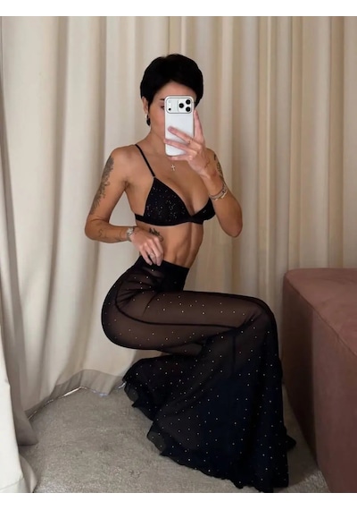 Havens Ponza Taşlı Pantolo Bra G-string 3 Lü Set Siyah