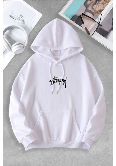 Macklin Unisex Kadın Erkek Graffiti Zar Özel Tasarım Baskılı Kapşonlu Sweatshirt Beyaz Mck1081 Beyaz