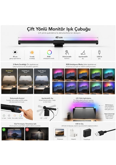 Dokunmatik Rgb Çift Yönlü Monitör Üstü Led Aydınlatma Monitör Işık Çubuğu 40cm