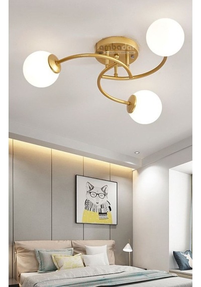 Luxury Model Plafonyer Üçlü Gold Modern Beyaz Camlı Avize