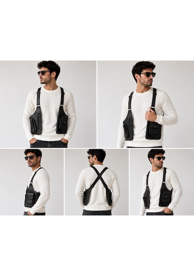 Newish Polo Newishpolo Erkek Siyah Vegan Deri Çapraz Askılı Çok Cepli Harness Göğüs Çantası - New424
