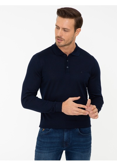 Cacharel Lacivert Slim Fit Polo Yaka Basic Triko Kazak