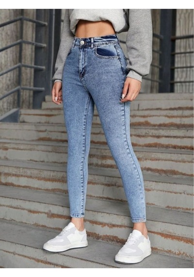 Yüksek Bel Mavi Kar Yıkama Skinny Dar Paça Jean Kadın Mavi
