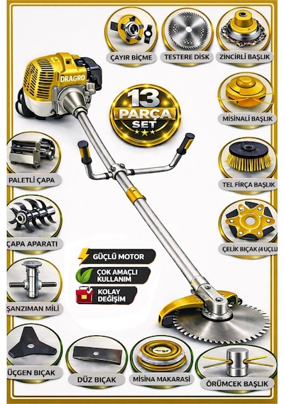 Dragro German Drg-13 + Yan Tipi Benzinli Ot Çalı Çim Biçme Tırpanı + Full Set Hediyeli + Çift Çapa S