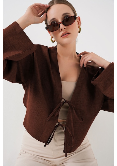Hiccup Bdart Keten Karışımlı Bağlama Detaylı Uzun Kollu Kimono Mocha Kahvesi