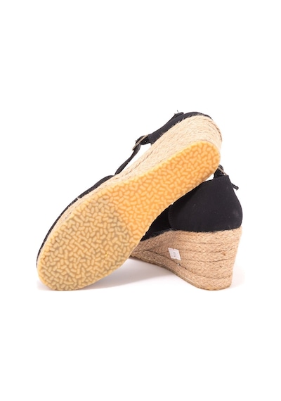Star Tombis Gerçek Elişi Topuğu Kapalı Bilekten Bantlı Keten Espadril Dolgu Topuk Handmade Siyah