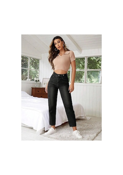 Kene Jeans Siyah Kemer Apolet Detaylı Mom Jeans Siyah