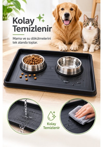 Kedi Köpek Mama Su Kabı Altlığı Yüksek Kenarlı Hazneli Tepsi Su Ve Mama Dökülmesini Önleyici Plastik Mat