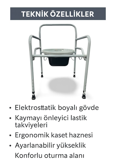 Portatif Tuvalet Sandalyesi Metal Gövdeli Çıkarılabilir Hazneli Hasta, Yaşlı Ve Engelli Kullanımına Uygun