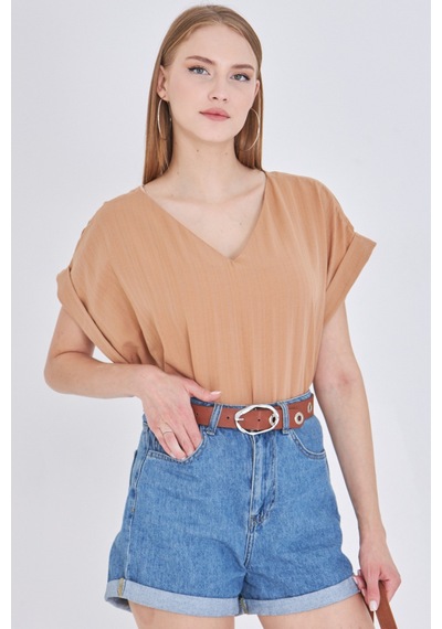 Armonika Kadın Vizon V Yaka Yanları Yırtmaçlı Arkası Uzun Duble Kol Detaylı Oversize Bluz Arm-24y001074