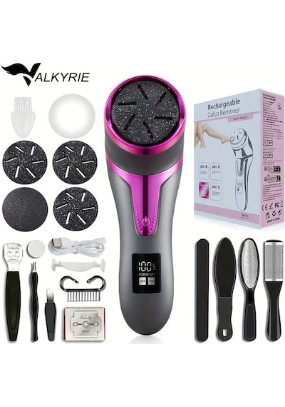 Valkyrie Profesyonel Ayak Bakım Cihazı 360 Dönen Başlık Dijital Ekranlı, Şarjlı & 10 Parça Pedikür Kiti Mor