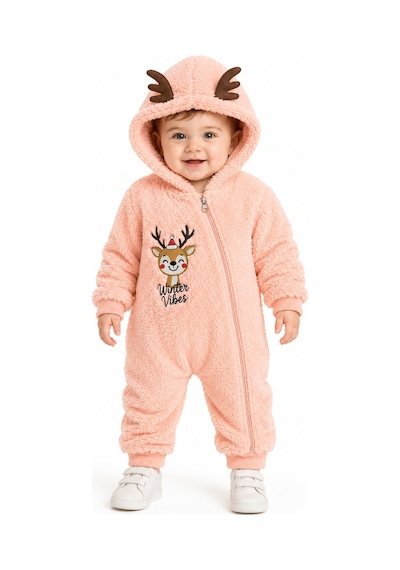 Tatlı Geyik Nakışlı Welsoft Peluş Kapüşonlu Fermuarlı Kışlık Unisex Bebek Tulumu 40212 Somon