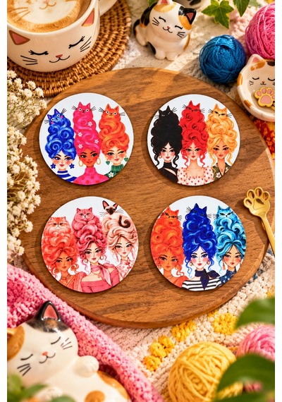 Kedi Saçlı Kadınlar, Kedi Temalı 4 Lü Bardak Altlığı Set 9 Cm, 3 Mm Ahşap Mdf, Dijital Baskı - 927133642 Diğer