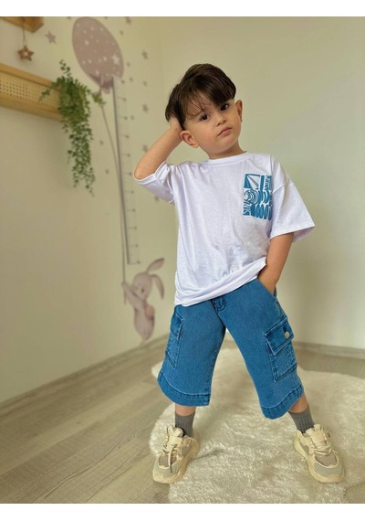 Miniko Kids Erkek Çocuk Kot Cep Kapri Modelli Pamuk Şortlu Takım Beyaz