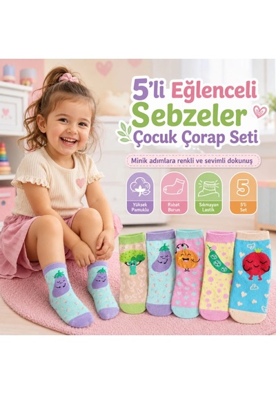 COjans 5 Li Sebze Desenli Çocuk Çorap Seti Yüksek Pamuklu Rahat Burunlu Sıkmayan Lastikli Çok Renkli COjans 5 Li Sebze Desenli Çocuk Çorap Seti Yüksek Pamuklu Rahat Burunlu Sıkmayan Lastikli Çok Renkli