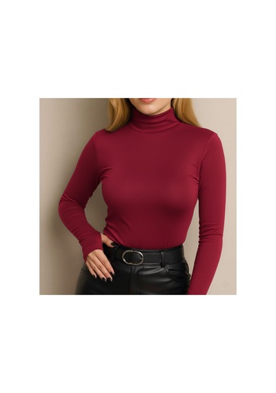 Unika Boutique Uzun Kol Dik Yaka Parmak Geçmeli Body T-shirt Bordo