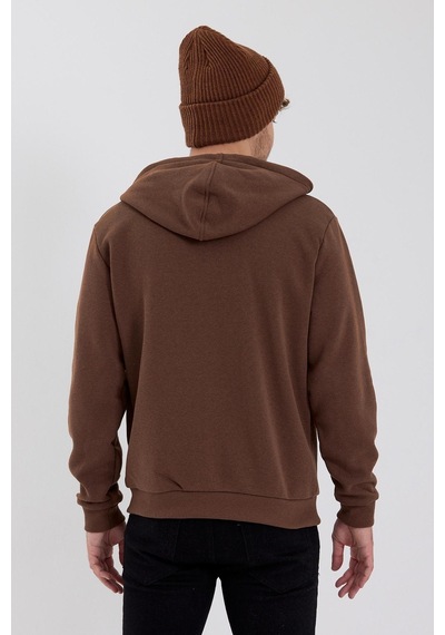 Polostate Erkek Fermuarlı Kanguru Cep 3 İplik Sweatshirt Kahverengi