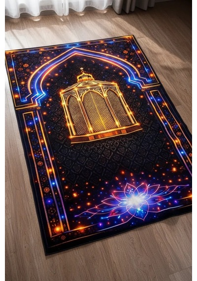Siyah Mihraplı Neon Kandil Desenli Bambu Namaz Seccadesi 80x130 Cm Renkli